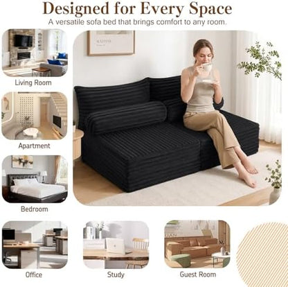 MeMoreCool Convertible Sofa Bed Queen, Corduroy Folding Couch Bed, Black