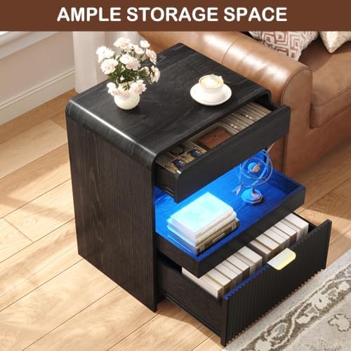 Yusong Modern Fluted Nightstand with Charging Station & Dimmable LED Light, Curved Edge Bedside Table with Pull‑Out Storage Drawers, Wooden End Side Cabinet for Bedroom(Black)
