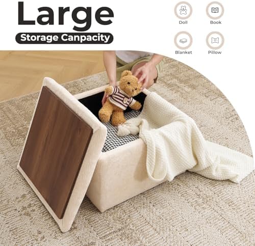 Cube Storage Ottoman, Ottoman Footstool with Removable Lid, Chenille Ottoman Foot Stools, Storage Ottoman for Chair, Multi-Functional Footrest, Corduroy Beige