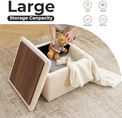 Cube Storage Ottoman, Ottoman Footstool with Removable Lid, Chenille Ottoman Foot Stools, Storage Ottoman for Chair, Multi-Functional Footrest, Corduroy Beige