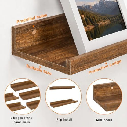 36inch Long Floating Shelves for Wall Decor, 5-Set Shelves with Lip, Brown