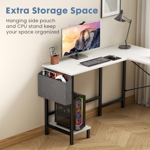 DUMOS L Shaped Computer Desk with PC Stand, Corner Workstation, White