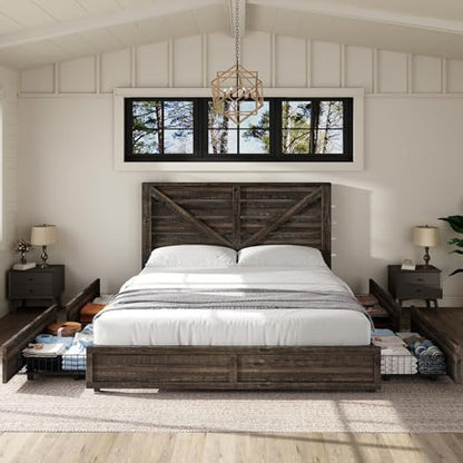 AMERLIFE Full Size Farmhouse Bed Frame with 4 Drawers & Barn Door Headboard