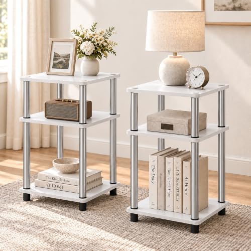 3-Tier Set of 2 End Table, Toolless Assembly Night Stand, Open Shelves Bedside Table, Side Table, for Bedroom, Living Room, White Oak/Stainless Steel
