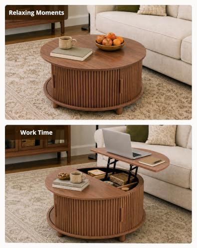 Round Lift Top Coffee Table with Storage for Living Room, Walnut