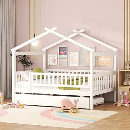 Merax Full Size Wooden House Bed with Twin Size Trundle, Wood Bed Frame with Roof and Safety Guardrail for Kids, Teens, Boys or Girls, White
