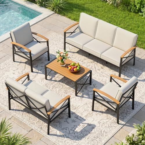 5-Piece Outdoor Patio Furniture Set for All-Weather, Heavy-Duty Metal Outside Furniture with Washable Thick Cushions, Patio Sectional with Coffee Table for Patio, Deck, Backyard, Garden, Beige