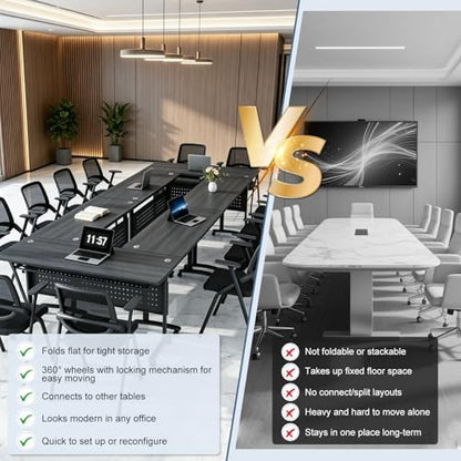Folding Conference Room Tables with Wheels, Modular Conference Table Foldable Mobile Office Training Tables, Seminar Rolling Flip Top Nesting Meeting Table Space-saving for Classroom, Black 2Pack