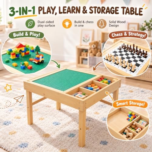 3-in-1 Solid Wood Lego Table for Kids with Storage, Flip Top