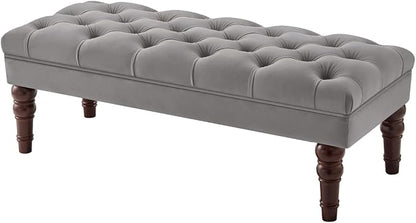 24KF Velvet Upholstered Buttons Tufted Entryway Bench with Solid Wood Leg,Bed Bench Ottoman with Padded Seat,5061N-Gray