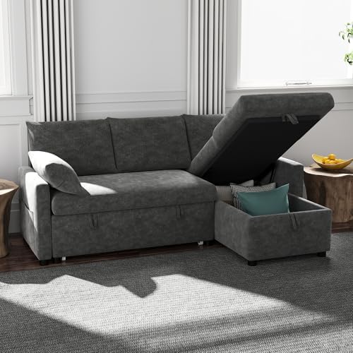 Sofa Bed, 80'' L-Shaped Chenille Sleeper Sofa, Dark Gray