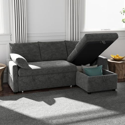 Sofa Bed, 80'' L-Shaped Chenille Sleeper Sofa, Dark Gray