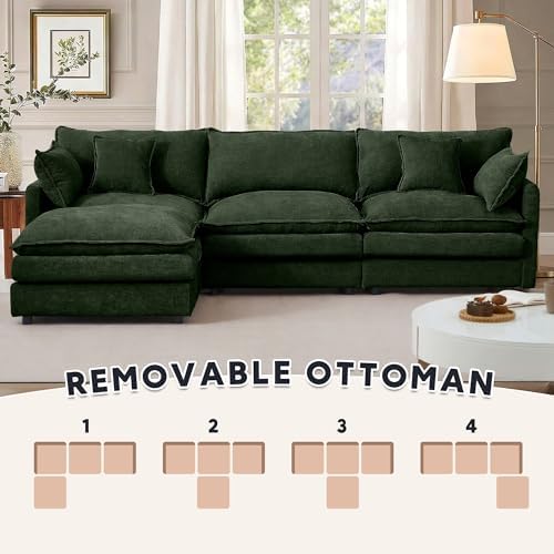 Modern 102" L Shaped Sectional Sofa Cloud Couch, Modern Chenille Comfy Modular Sleeper Sofa, Upholstery Sofa with Ottoman & Memory Foam for Living Room, Green