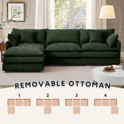 Modern 102" L Shaped Sectional Sofa Cloud Couch, Modern Chenille Comfy Modular Sleeper Sofa, Upholstery Sofa with Ottoman & Memory Foam for Living Room, Green
