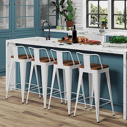 WENTMENT Bar Stools Set of 4 Counter Height Bar Stools Metal Barstools with Removable Back 26" Kitchen Bar Stools with Wooden Seat, Off White