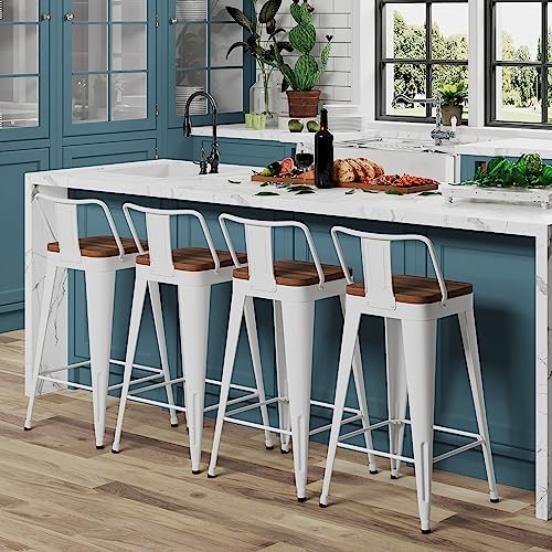 WENTMENT Metal Bar Stools Set of 4 Counter Height Bar Stools Barstools with Removable Back 24" Kitchen Bar Stools with Wooden Seat,Off White
