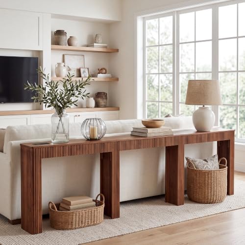 118"L Long Narrow Sofa Table Behind Couch with Charging Station ,Walnut