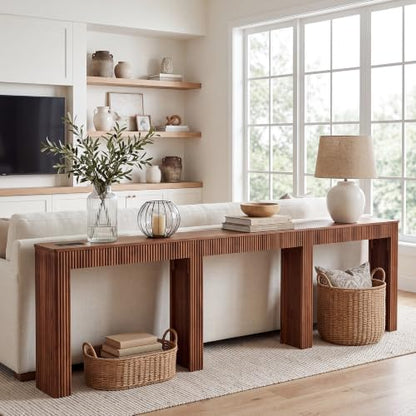 118"L Long Narrow Sofa Table Behind Couch with Charging Station ,Walnut