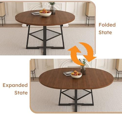 43"-59" Extendable Round Dining Table for 4-6,Mid Century Modern Walnut Wood Grain Table,Expandable Kitchen Table with Metal Storage Shelf for Small Spaces