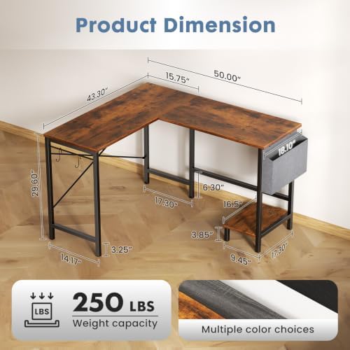 DUMOS L Shaped Computer Desk with PC Stand, Corner Workstation, Brown