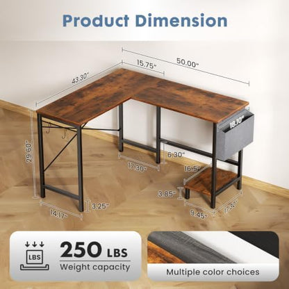 DUMOS L Shaped Computer Desk with PC Stand, Corner Workstation, Brown