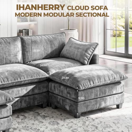 LEVELEVE 146" U-Shape Modular Sofa with 2 Ottomans, Deep Seat Cloud Convertible Sleeper, 2 Arm Pillows, Cozy Large Upholstered Furniture for Living Room Apartment, Dark Grey