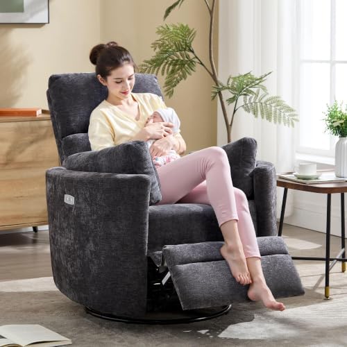 Power Recliner Nursery Swivel Rocking Glider Chair,Upholstered Electric Adult Nursing Recliner Rocker Chair with USB Port with 2 Pillows for Nursery Living Room Bedroom (Dark Grey,Power-Driven)