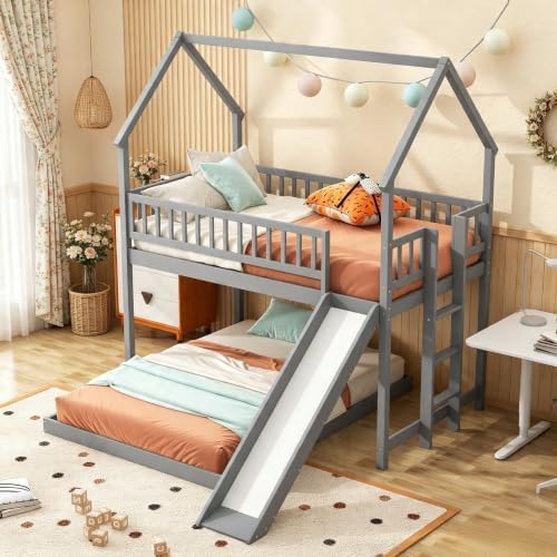 SOFTSEA Twin Over Full Bunk Bed with Slide and Built-in Ladder, Gray