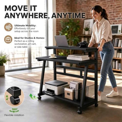 Rolling Computer Desk, 39.4 Inch Small Desks for Little Space, Portable Small Computer Desk with Monitor Stand & 3-Tier Storage, Portable Desk on Wheels for Writing.