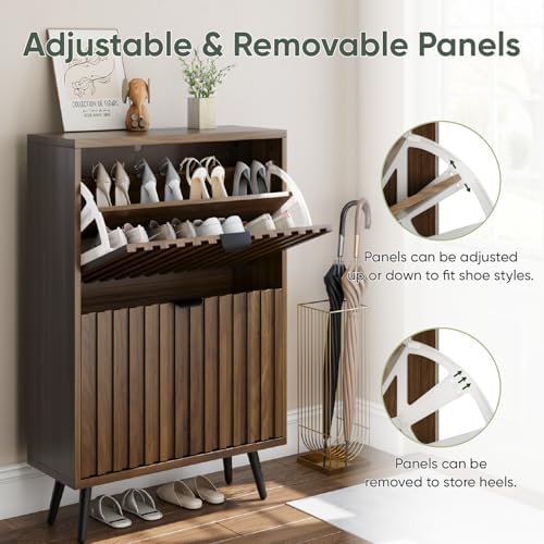 Smuxee Shoe Cabinet with 2 Flip Drawers, 23.6" Walnut Hidden Shoe Storage Cabinet with Fluted Design, Freestanding Shoe Organizer Cabinet for Entryway, Hallway, Closet, Living Room