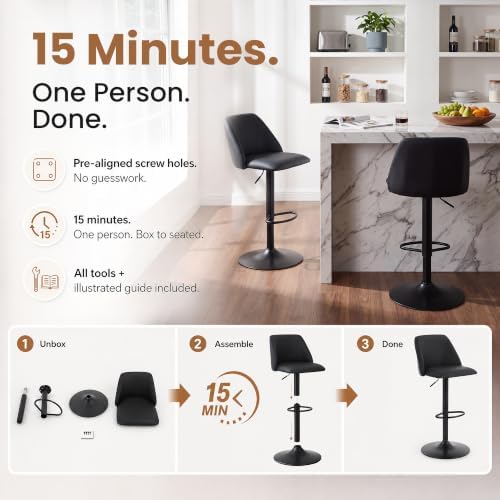 COLAMY Adjustable Upholstered Bar Stools Set of 3,360° Swivel Counter Height Chairs with Soft Cushioned Seat & Stable Metal Base for Kitchen Island,250 LBS Capacity,Easy Assembly,Black