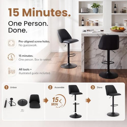 COLAMY Adjustable Upholstered Bar Stools Set of 3,360° Swivel Counter Height Chairs with Soft Cushioned Seat & Stable Metal Base for Kitchen Island,250 LBS Capacity,Easy Assembly,Black