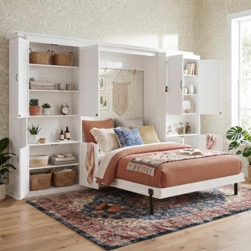 SOFTSEA Space-Saving Queen Size Murphy Bed with Shelves, White