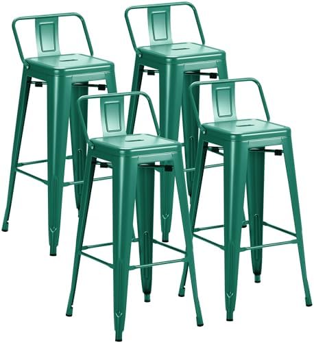 Furmax 30 Inch Metal Bar Stools Set of 4, Counter Height Stools, Industrial Bar Chairs Patio Stool Stackable Stool for Kitchen/Dining Room/Indoor Outdoor(Green, 30'' Lower Back)