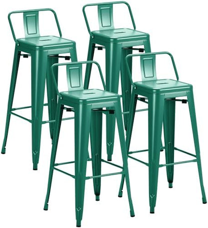 Furmax 30 Inch Metal Bar Stools Set of 4, Counter Height Stools, Industrial Bar Chairs Patio Stool Stackable Stool for Kitchen/Dining Room/Indoor Outdoor(Green, 30'' Lower Back)