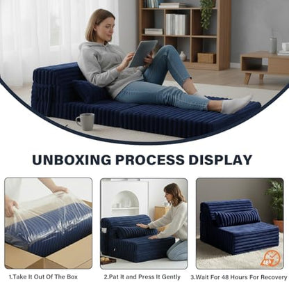 Tiita Folding Sofa Bed Convertible Sleeper Chair Mattress with Pillow & Side Pocket, Thick Corduroy Floor Mattress Couch Bed, Single Size, Navy