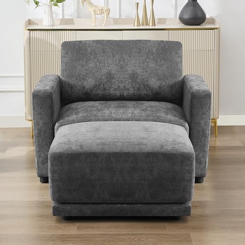 Modular Sectional Couch, 44.2" Chenille Single Sofa with Ottoman, Grey