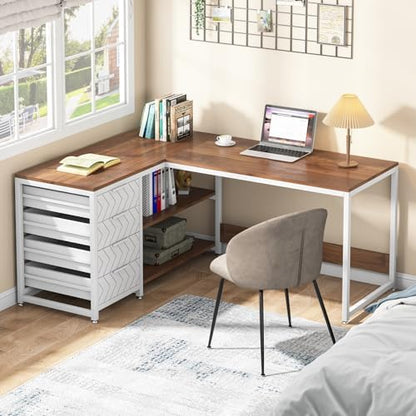 Tribesigns L Shaped Computer Desk with Storage Drawers, 59 inch Corner Desk with Shelves, Reversible L-Shaped Office Desk Study Writing Table Workstation for Home Office, Walnut & White
