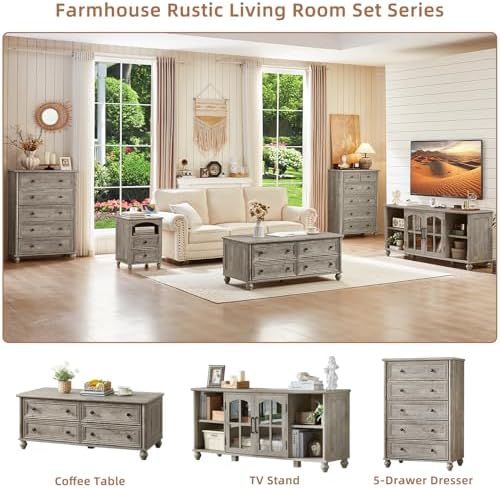 RWYHG 48" Farmhouse Grey Coffee Table, Center Table with 4 Drawers