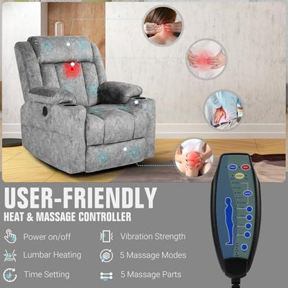 LAFWELL Retro Rocking Recliner Chair, Massage Rocker Recliner Chair with Vibration Massage and Heat, USB and Type-C Ports,360° Swivel Chairs, Living Room, Bedroom, Nursery, RV, Light Grey