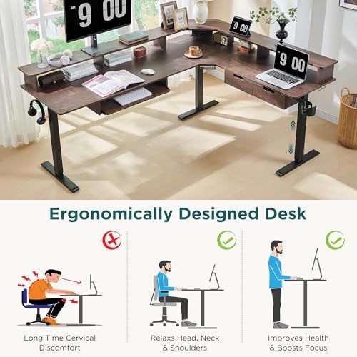 RedLemon 75X60 Inches L Shaped Electric Standing Desk, Height Adjustable Corner Gaming Desk with Drawers, Keyboard Tray, Power Outlets & LED Lights, Computer Desk with Monitor Shelf, Dark Walnut