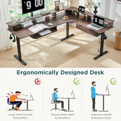 RedLemon 75X60 Inches L Shaped Electric Standing Desk, Height Adjustable Corner Gaming Desk with Drawers, Keyboard Tray, Power Outlets & LED Lights, Computer Desk with Monitor Shelf, Dark Walnut