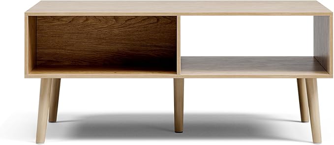 LCRBOL Coffee Table with Fluted Drawer, Modern, Oak | 39.3"W x 19.7"D x 17.1"H, 1 fluted drawer & open shelf, golden handle, 5 legs, ~45 min assembly
