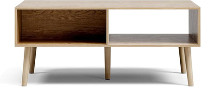 LCRBOL Coffee Table with Fluted Drawer, Modern, Oak | 39.3"W x 19.7"D x 17.1"H, 1 fluted drawer & open shelf, golden handle, 5 legs, ~45 min assembly