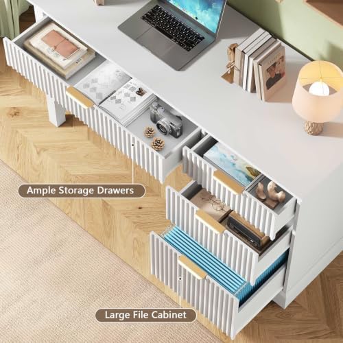 Vabches Fluted Executive Desk with File Drawer, White