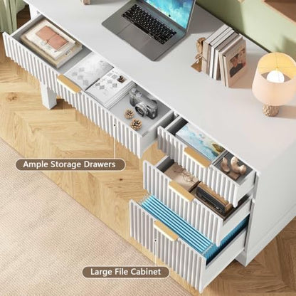 Vabches Fluted Executive Desk with File Drawer, White