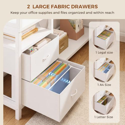 L Shaped Gaming Desk with Drawers, Corner Computer Desk with LED Tempered Glass Display Cabinet, Shaped L Office Desk with Charging Station and Fabric Drawer, PC Desk for Gaming and Office, White