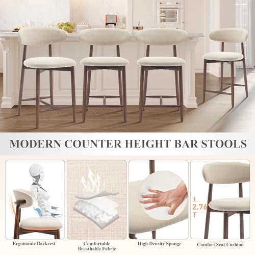 COLAMY Counter Height Bar Stools Set of 4, Kitchen Bar Stools with Back, Mid Century Modern Upholstered, with Wood Legs for Kitchen Island Dining Room, Beige