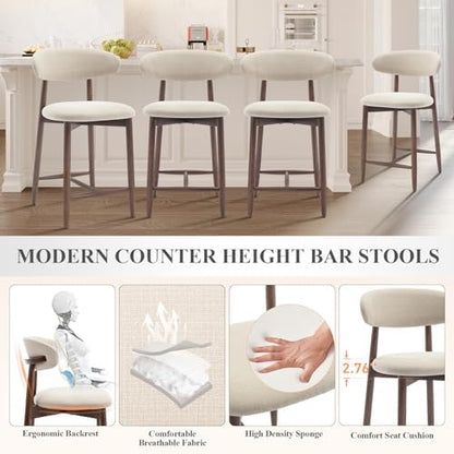 COLAMY Counter Height Bar Stools Set of 4, Kitchen Bar Stools with Back, Mid Century Modern Upholstered, with Wood Legs for Kitchen Island Dining Room, Beige