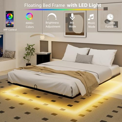 King Size Floating Bed Frame with Smart LED Lights, Metal Platform Bed